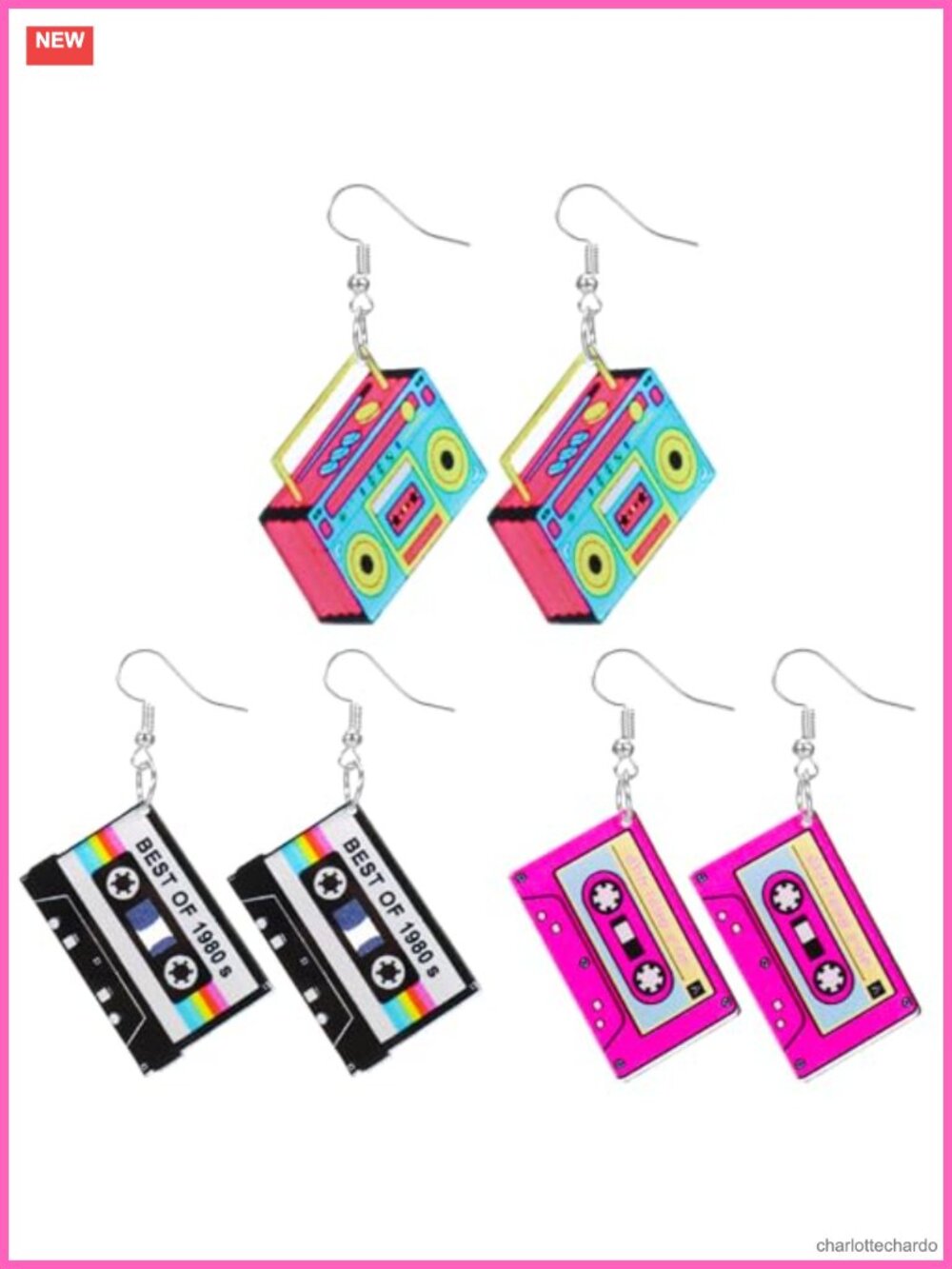 3 Pairs Retro Cassette Tape Neon Earrings 80s 90s Acrylic Women Party Jewelry
